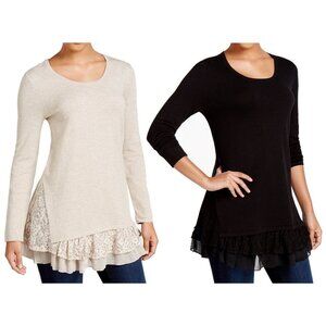 New Style&Co. Layered-Look Sweater with Lace-Inset, Beige, Black, Sizes XL, 1X